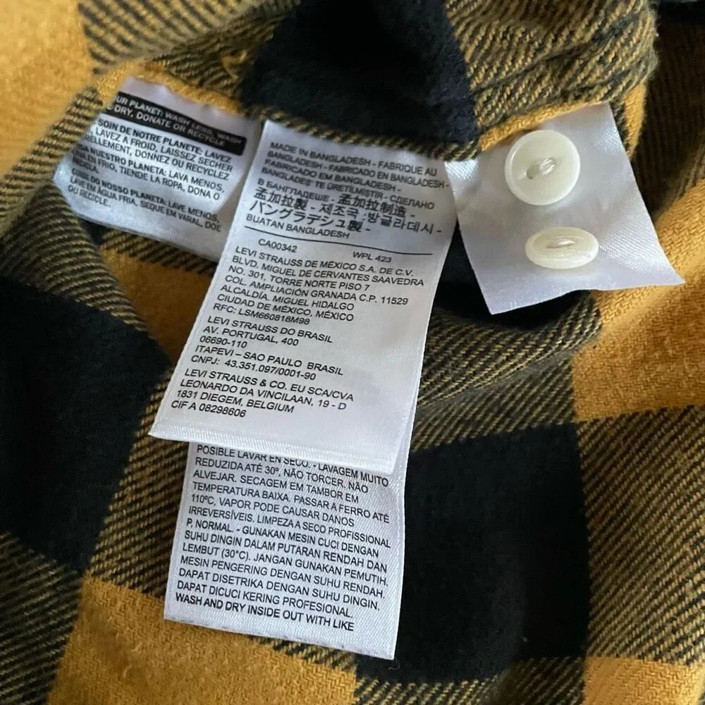 Levi’s Mustard Yellow Buffalo Plaid Button Up Hoodie Shirt S